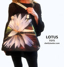 Close up of lotus tote bag with Shelly Lawler branding.