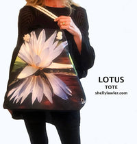 Close up of lotus tote bag with Shelly Lawler branding.