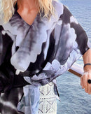 Infrared Poncho closeup view of lightweight fabric, worn as tunic, black white abstract art