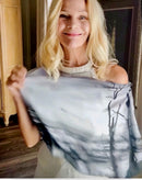 Beach Scarf styling demo, slip over head signature pre-tied design, showing black and white coastal theme artwork, lightweight flowing fabric