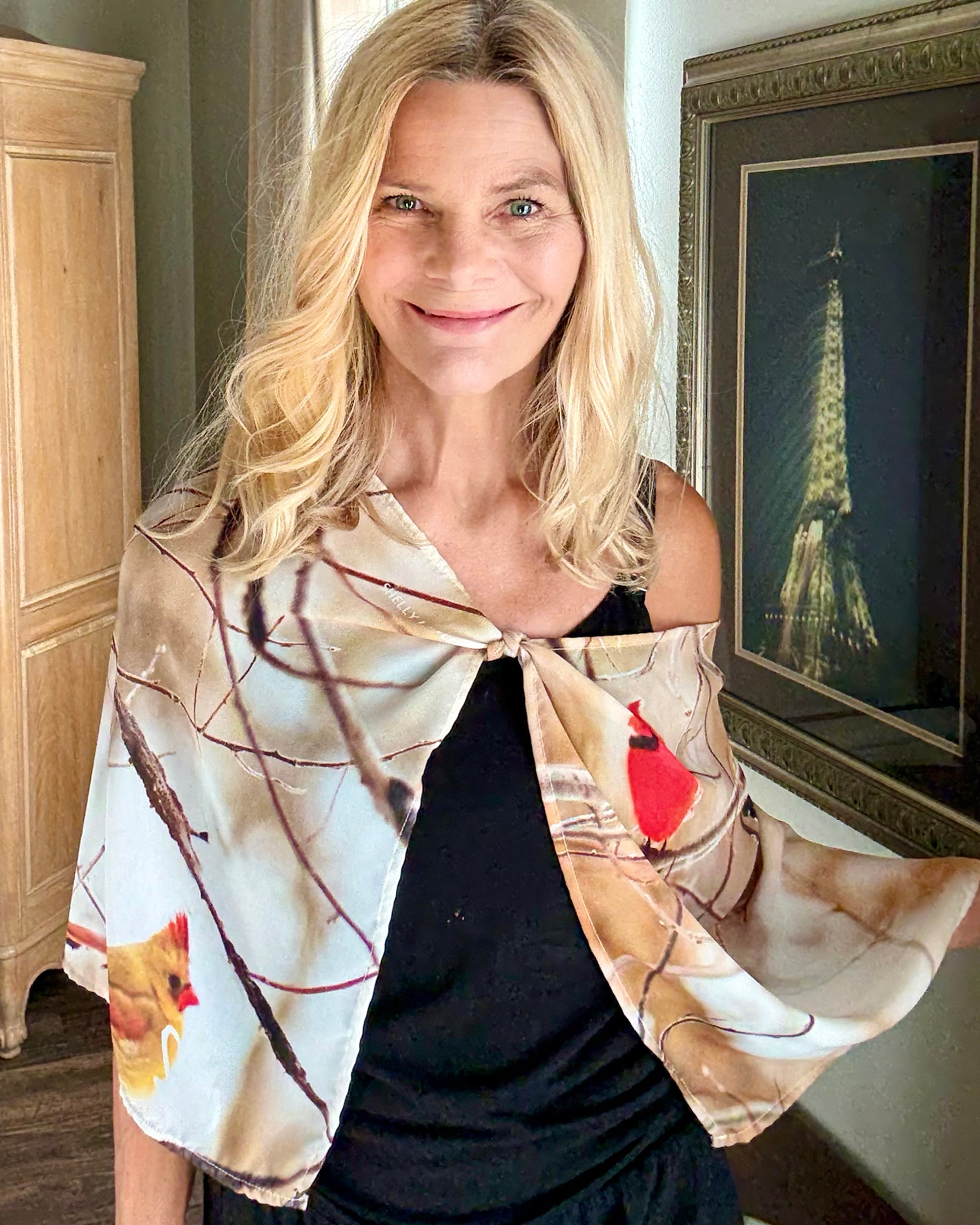 Cardinals print lightweight scarf with signature pre-tied design, worn as a cape showing both male and female cardinals