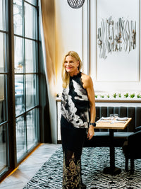 Infrared Scarf worn in an elegant indoor setting, highlighting soft drape and fluid shape