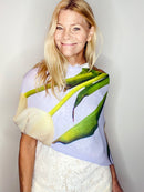 White Tulips Scarf worn draped across the body, showcasing white tulip floral artwork with an airy, elegant drape