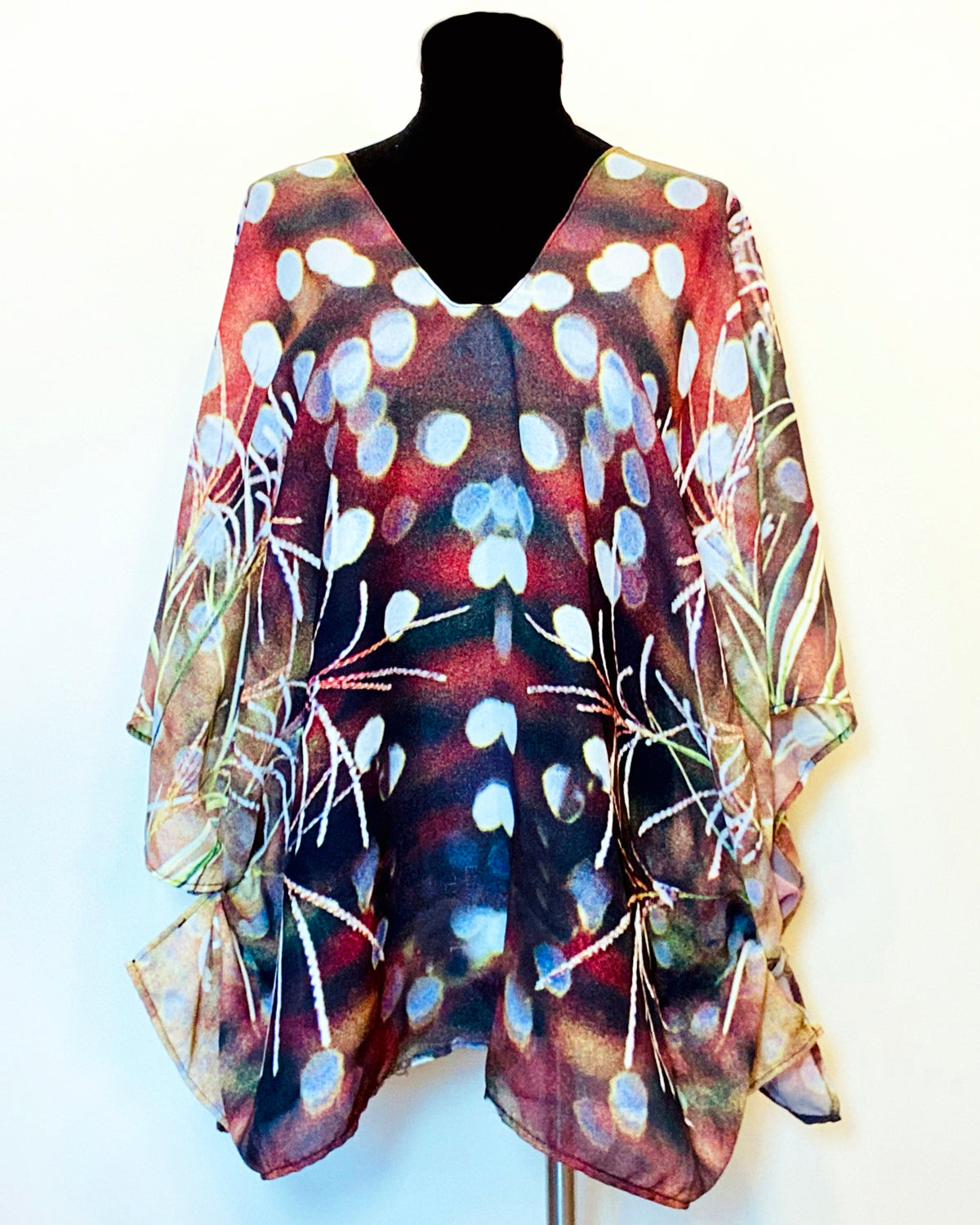 Sparkle Poncho styled as tunic with earth tone shimmer design, lightweight flowing fabric