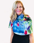 Tulips Scarf draped across the body, showcasing original tulip artwork with a signature pre-tied design and lightweight, flowing fabric